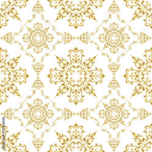Classical Damask Gold Floral seamless pattern, Vintage wallpaper in the Baroque style, Seamless background, Golden ornament for fabric, wallpaper, packaging, Ornate Damask flower ornament