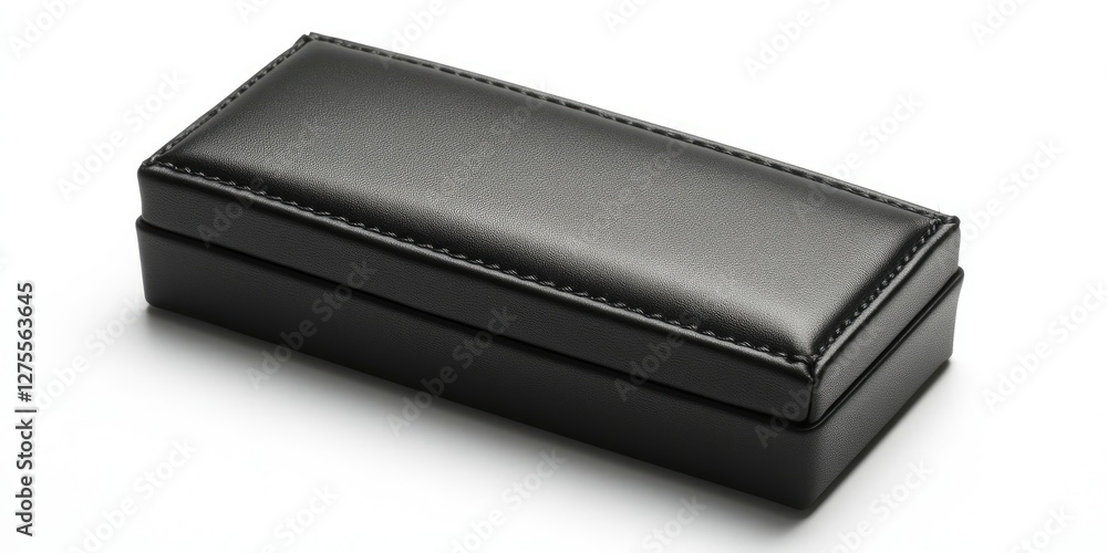 Fototapeta premium Elegant black leather rectangular box with stitched edges on a white background, positioned centrally for a sleek, modern presentation.