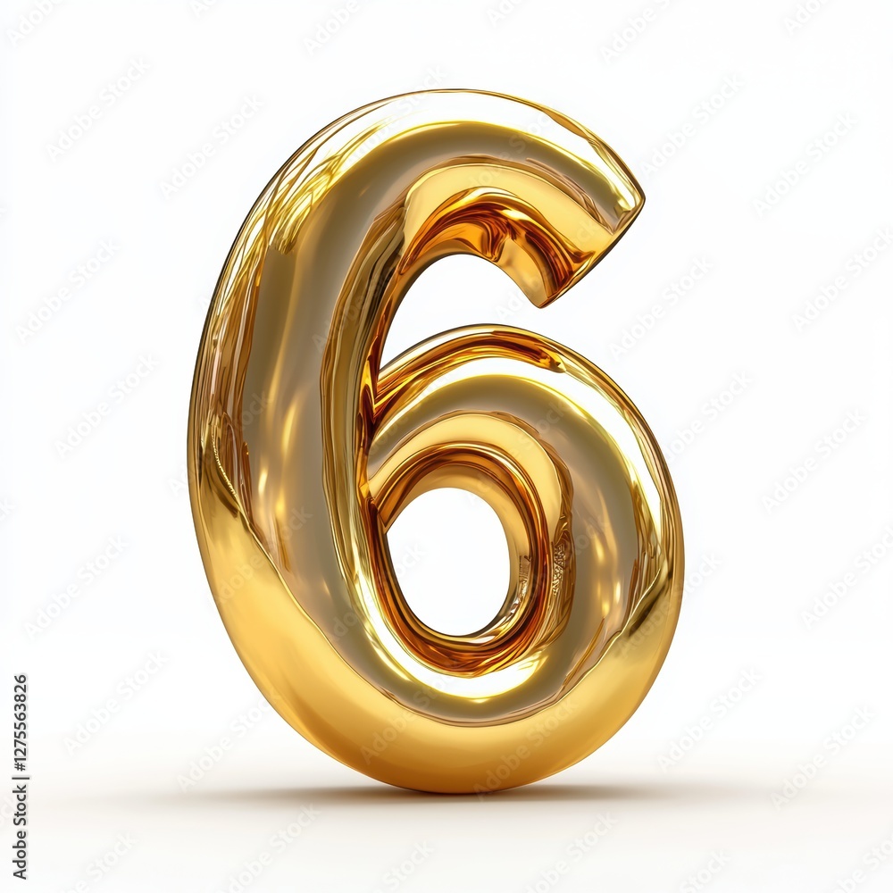 Number 6 made of polished gold with smooth reflections isolated on a clean white background Number 6 made of polished gold with smooth reflections isolated on a clean white background