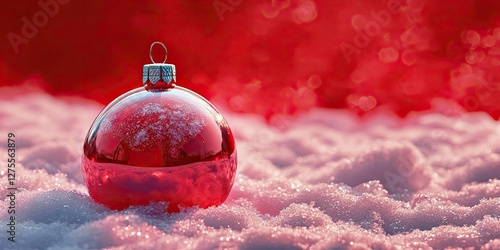 Red Christmas ornament resting on a fluffy snow surface with a vibrant red background creating a festive, warm ambiance ideal for seasonal promotions photo