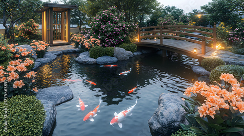 Tranquil garden with koi pond, blooming flowers, and wooden bridge at twilight