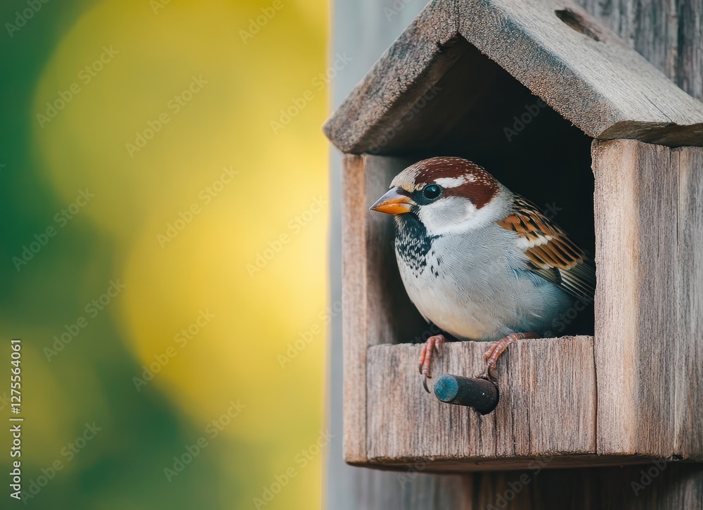 Naklejka premium Close-up of a sparrow nestled inside a rustic wooden birdhouse, showcasing its delicate feathers and serene expression.