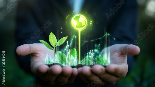 A glowing environmental target floating above a businessmanâs hands, surrounded by holographic charts representing green business development, climate action, and ecological respon photo