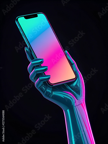 A futuristic hand holds a smartphone displaying a vibrant gradient screen
 photo