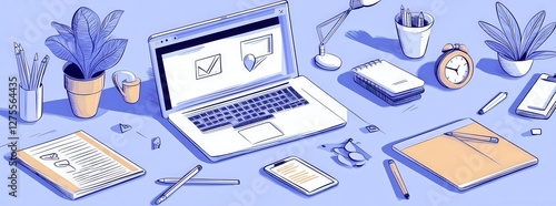 Laptop on work desk with office plants, writing tools and other objects. Remote work