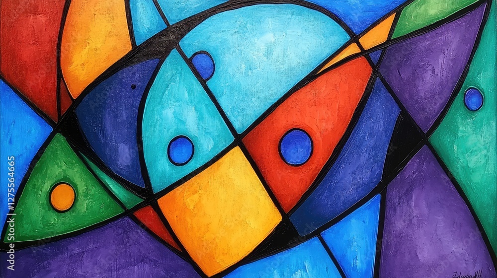 Fototapeta premium A vibrant, eclectic abstract painting with surreal elements, blending bold colors and playful geometric shapes.