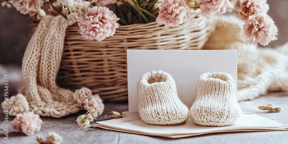 Soft beige knitted baby booties placed on a cream envelope with a blank postcard, surrounded by dried flowers in a woven basket, creating a cozy baby shower ambiance. Soft beige knitted baby booties placed on a cream envelope with a blank postcard, surrounded by dried flowers in a woven basket, creating a cozy baby shower ambiance.