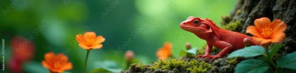Obraz premium Red lizard hiding behind a colorful flower in the jungle, vines, bush, red_lizard