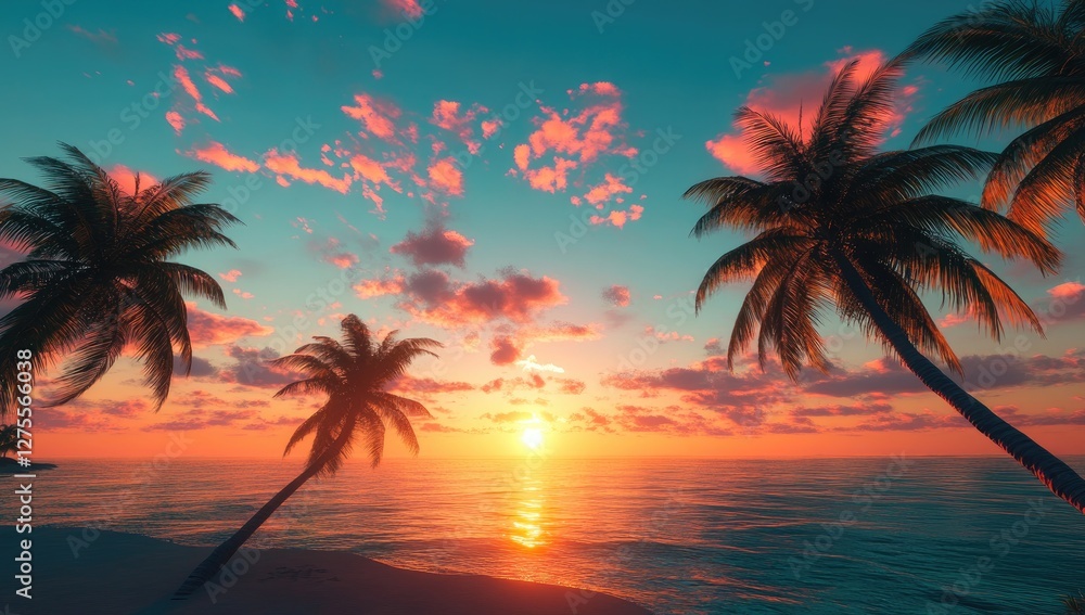 Tropical Sunset Beach Scene with Palm Trees Tropical Sunset Beach Scene with Palm Trees
