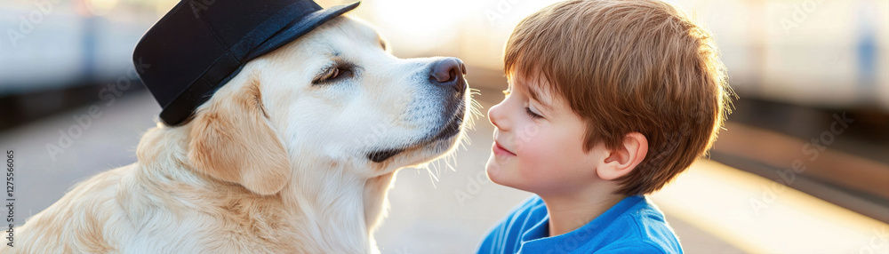 A boy and a dog share a joyful moment, with the dog wearing a hat, showcasing their close bond and playful interaction in a sunny setting. A boy and a dog share a joyful moment, with the dog wearing a hat, showcasing their close bond and playful interaction in a sunny setting.