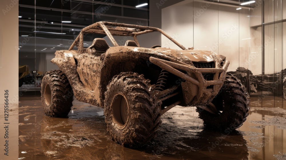 Fototapeta premium A car dealership with a spotlight on an all-terrain vehicle (ATV). Featuring ruggedness and adventure