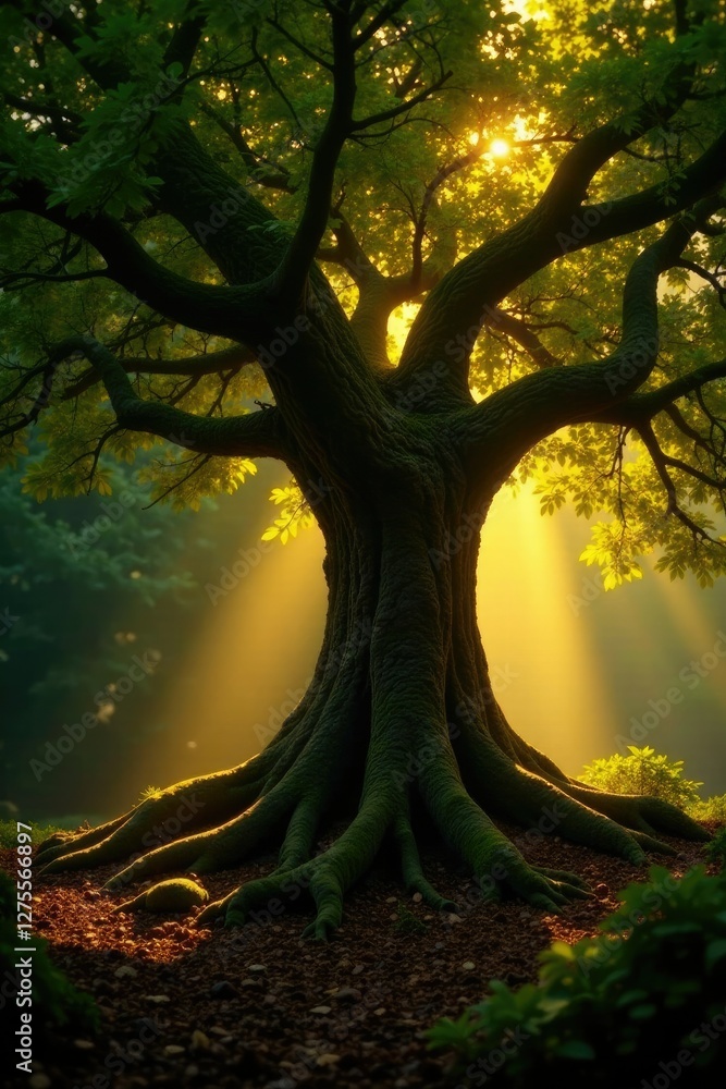 Fototapeta premium Roots of ancient tree bathed in golden illumination, earthy, forest, ambiance
