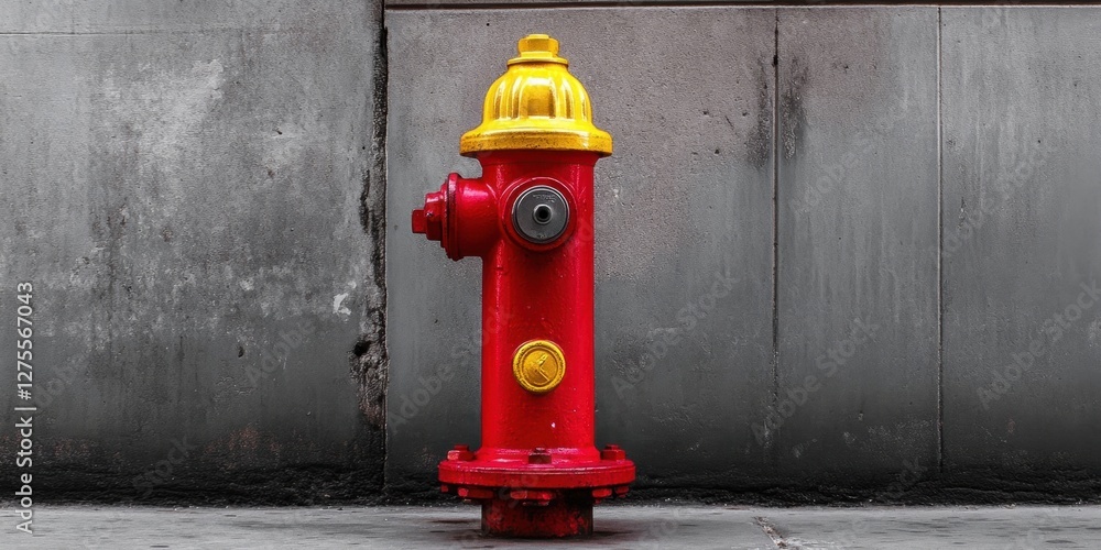 Classic urban fire hydrant in vibrant red and yellow colors positioned centrally against a contrasting gray wall highlighting fire safety significance. Classic urban fire hydrant in vibrant red and yellow colors positioned centrally against a contrasting gray wall highlighting fire safety significance.