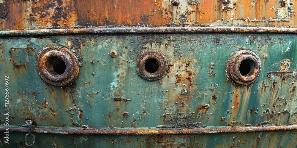 Rusty ship hull with textured green and orange patina showing three circular portholes, layered with corrosion and weathered details. Rusty ship hull with textured green and orange patina showing three circular portholes, layered with corrosion and weathered details.