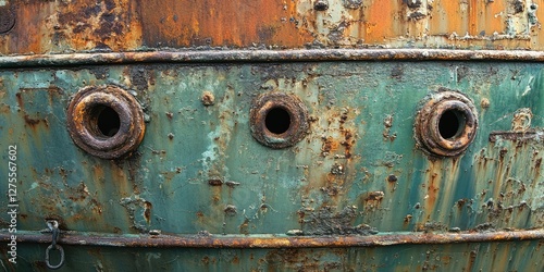 Rusty ship hull with textured green and orange patina showing three circular portholes, layered with corrosion and weathered details. photo