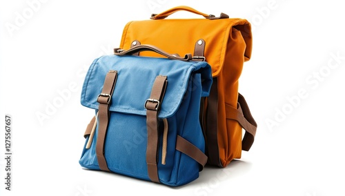 Two colorful backpacks, studio shot, isolated on white photo