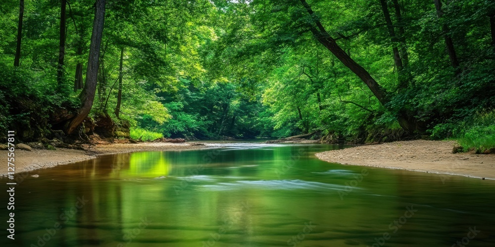 Serene river winding through lush green trees with sandy shore and calm water reflecting greenery inviting relaxation and exploration Serene river winding through lush green trees with sandy shore and calm water reflecting greenery inviting relaxation and exploration