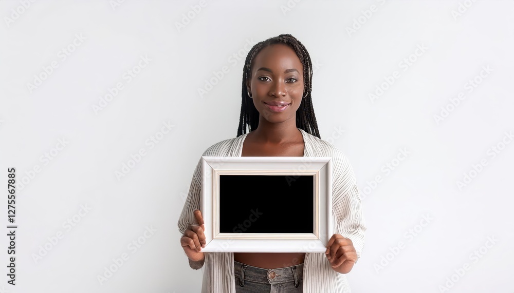 Minimalist Artwork Woman Holds Blank Photo Frame with Empty Copy Space on White Background, Conveying a Thoughtful and Contemplative Mood in a Clean, Modern Setting Minimalist Artwork Woman Holds Blank Photo Frame with Empty Copy Space on White Background, Conveying a Thoughtful and Contemplative Mood in a Clean, Modern Setting