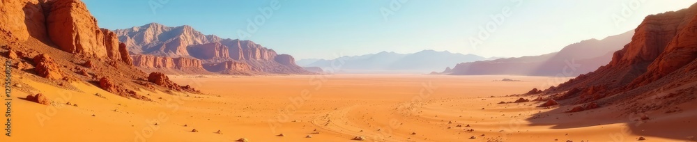 Fototapeta premium Scorching desert landscape with vast sand dunes and rocky outcrops, earth, mountains