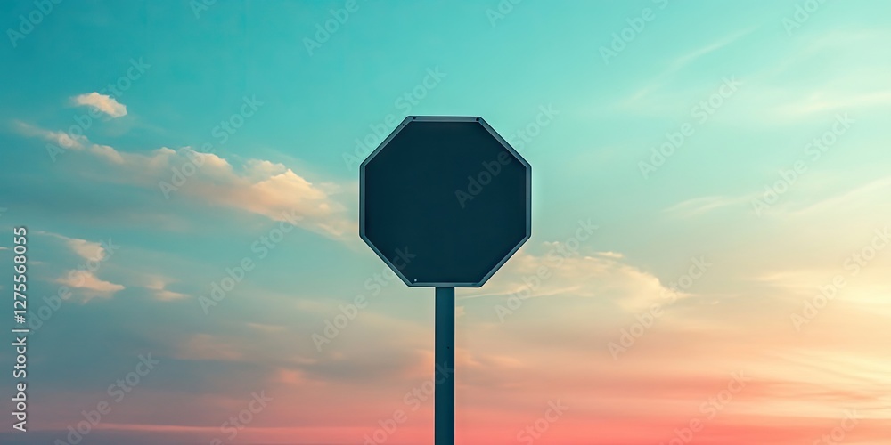 Hexagonal traffic sign stands alone against a gradient blue sky with soft clouds; sign positioned centrally, warm hues blend at horizon. Hexagonal traffic sign stands alone against a gradient blue sky with soft clouds; sign positioned centrally, warm hues blend at horizon.