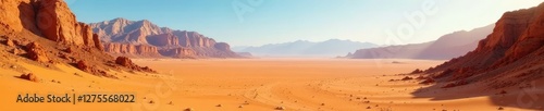 Scorching desert landscape with vast sand dunes and rocky outcrops, earth, mountains