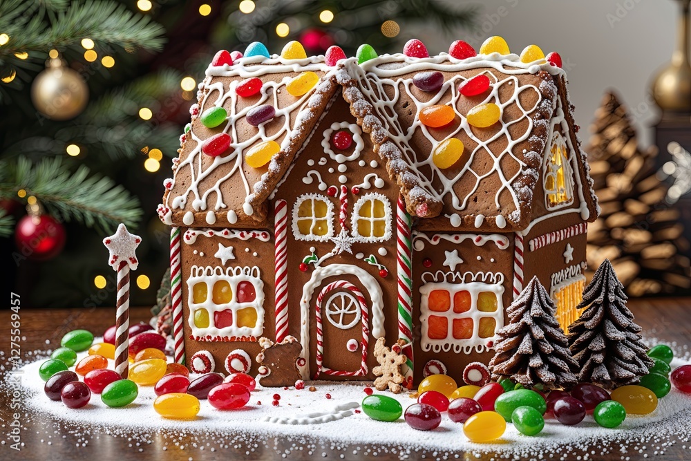 Naklejka premium Enchanting Gingerbread House Design Featuring Colorful Jelly Beans Chocolate Frosting and Sparkling Sugar for a Festive Holiday Story