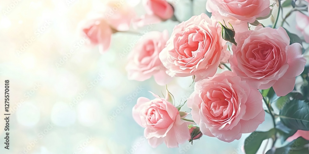 Soft pink roses in full bloom on a light pastel background with delicate greens showcasing a cheerful and elegant floral arrangement. Soft pink roses in full bloom on a light pastel background with delicate greens showcasing a cheerful and elegant floral arrangement.