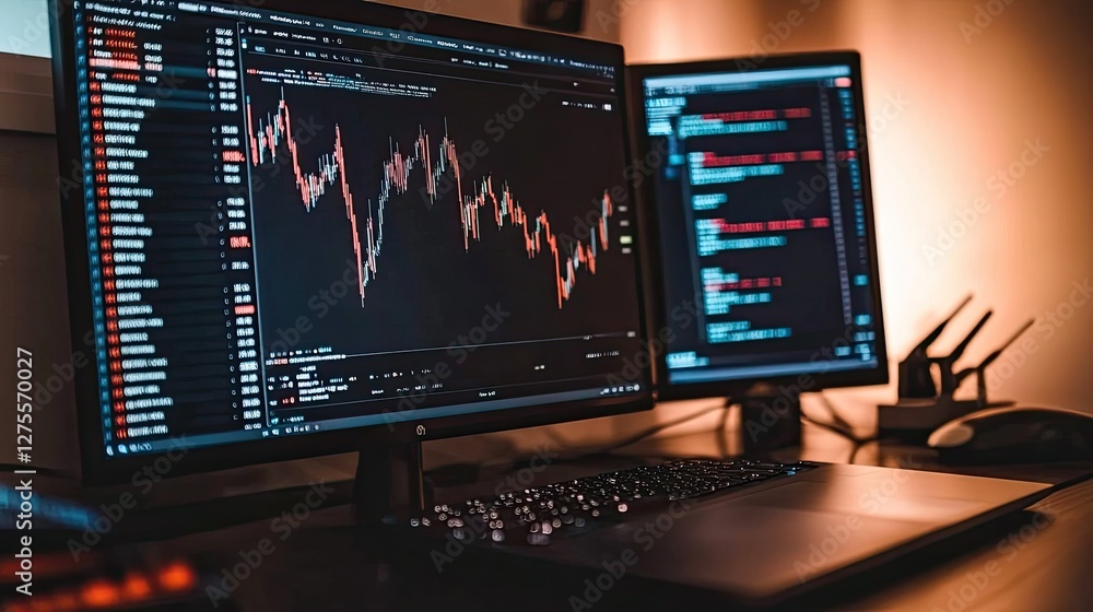 Modern Workspace with Computer Screens Displaying Financial Data Analytics Modern Workspace with Computer Screens Displaying Financial Data Analytics