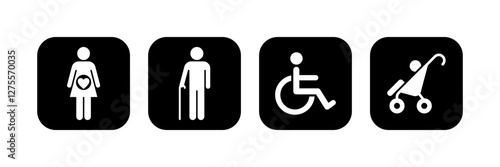Lift priority sign, label, logo, icon set. Elevator priority sign, priority queues for elderly, men and women with stroller baby, disabled wheelchair, pregnant woman, walking stick. Vector illustrator