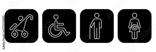 Lift priority sign, label, logo, icon set. Elevator priority sign, priority queues for elderly, men and women with stroller baby, disabled wheelchair, pregnant woman, walking stick. Vector illustrator
