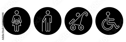Lift priority sign, label, logo, icon set. Elevator priority sign, priority queues for elderly, men and women with stroller baby, disabled wheelchair, pregnant woman, walking stick. Vector illustrator