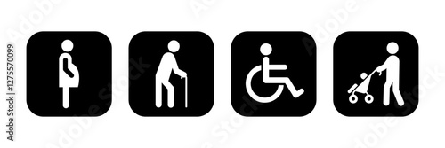 Lift priority sign, label, logo, icon set. Elevator priority sign, priority queues for elderly, men and women with stroller baby, disabled wheelchair, pregnant woman, walking stick. Vector illustrator