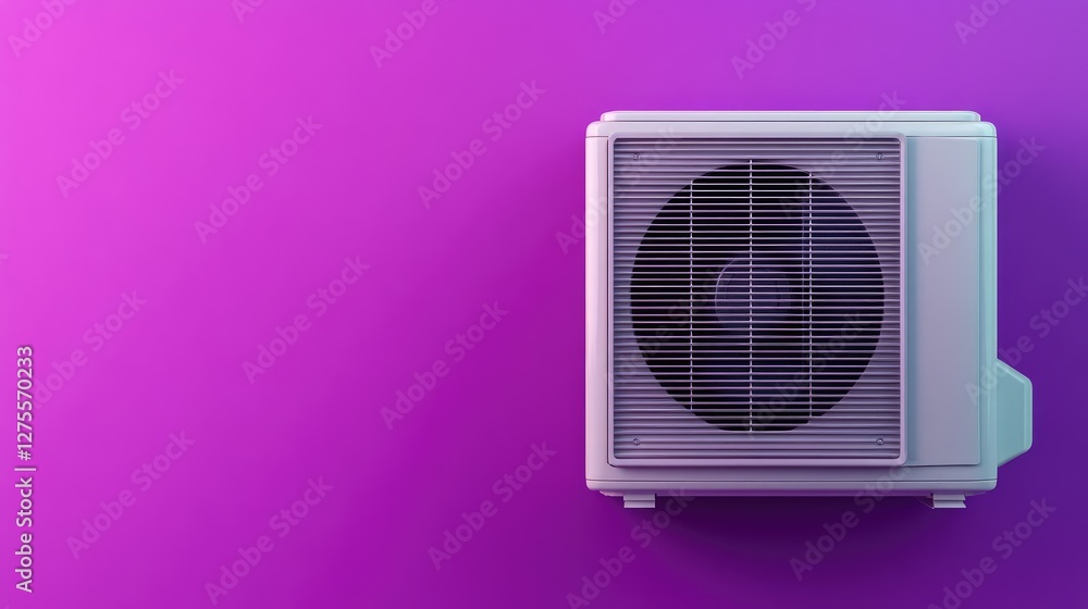 Window AC unit with air vents open, displayed on a bold purple background, top view. Window AC unit with air vents open, displayed on a bold purple background, top view.