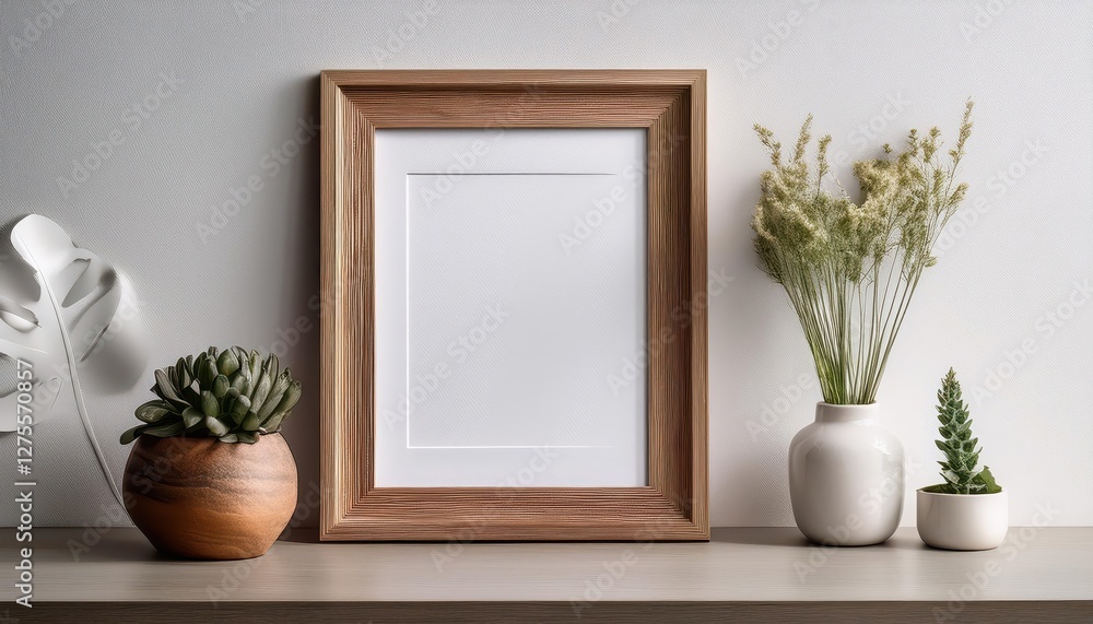 Wood Photo Frame Mockup Against a White Minimalist Backdrop, Highlighting the Timeless Elegance and Versatility of This Classic Decor Element in Modern Interior Design. Wood Photo Frame Mockup Against a White Minimalist Backdrop, Highlighting the Timeless Elegance and Versatility of This Classic Decor Element in Modern Interior Design.