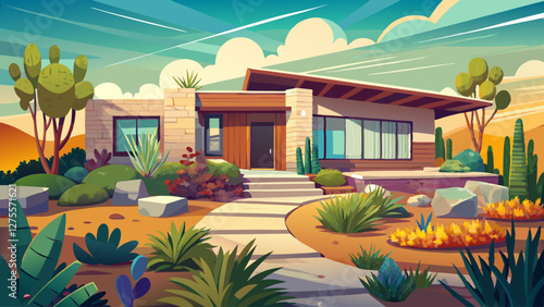 A modern ranch boasting a front yard with an artistic xeriscape design that is drought-resistant, showcasing native plants and creative stone