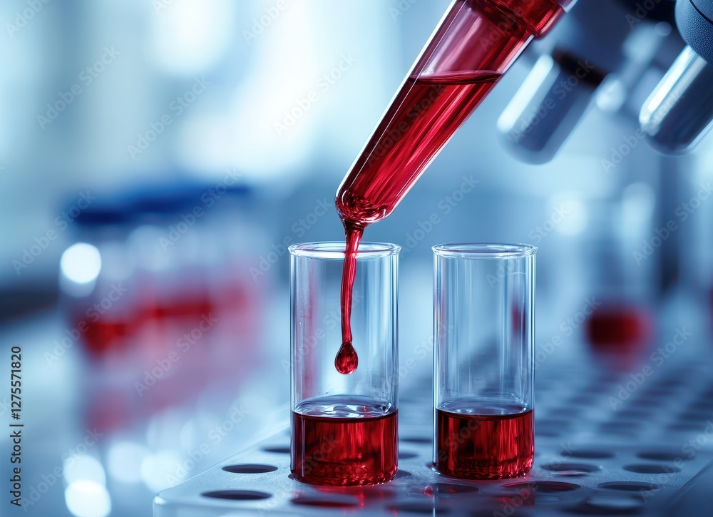 Close-up of a laboratory test tube as vibrant red liquid is poured, showcasing scientific experimentation. Close-up of a laboratory test tube as vibrant red liquid is poured, showcasing scientific experimentation.