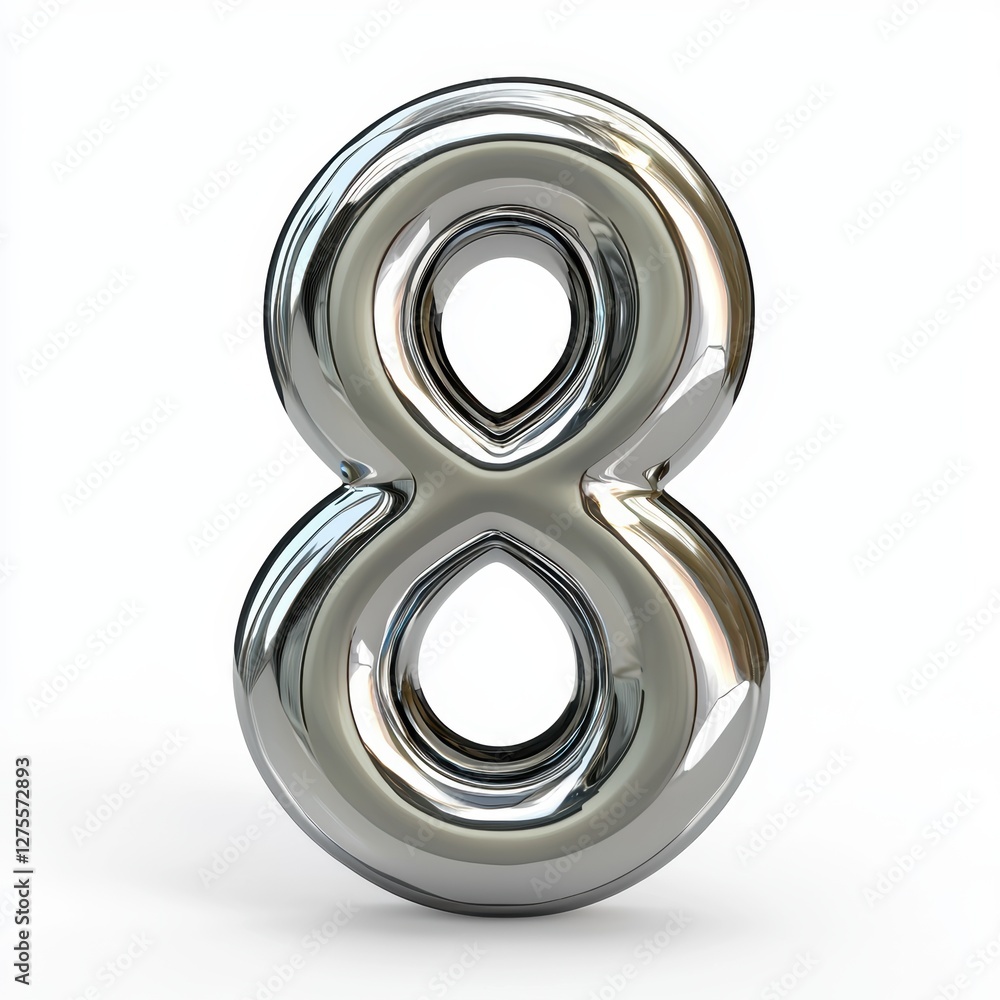 Number 8 made of polished silver metal with a reflective surface isolated on a clean white background Number 8 made of polished silver metal with a reflective surface isolated on a clean white background