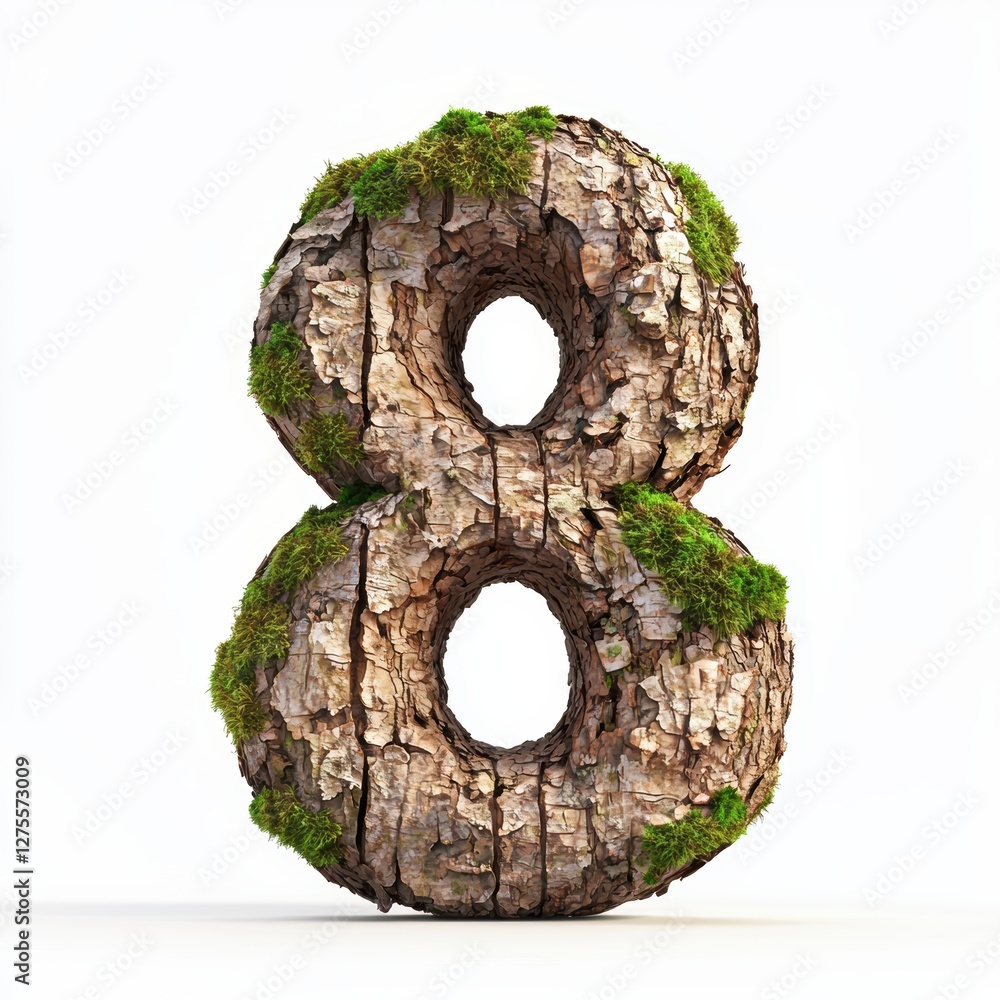 Number 8 made of rough textured tree bark with moss patches isolated on a clean white background Number 8 made of rough textured tree bark with moss patches isolated on a clean white background