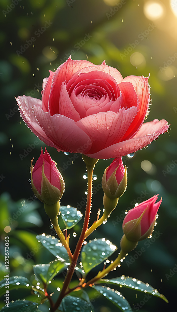Red flower glowing in morning light, adorned with dewdrops. Created with generated AI. Red flower glowing in morning light, adorned with dewdrops. Created with generated AI.