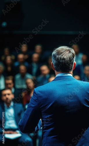 A man in a blue suit delivers an inspiring speech to an engaged audience at a corporate event.