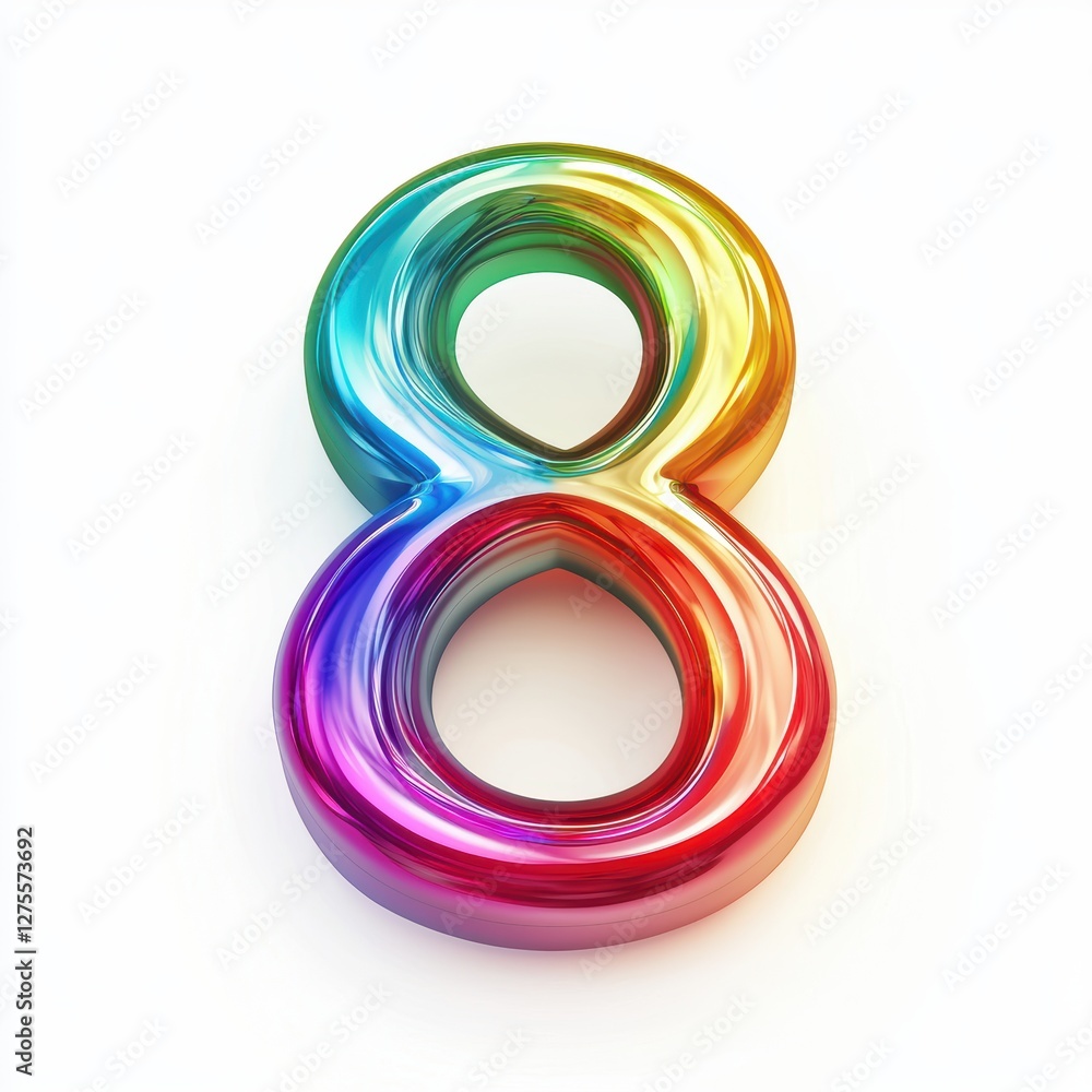 Number 8 made of smooth rainbow-colored gradients with a glossy finish isolated on a clean white background Number 8 made of smooth rainbow-colored gradients with a glossy finish isolated on a clean white background