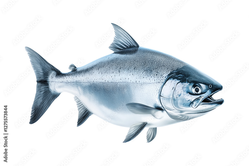 Obraz premium Raw salmon fish with detailed fins and scales, isolated on white transparent background, concept of marine life.