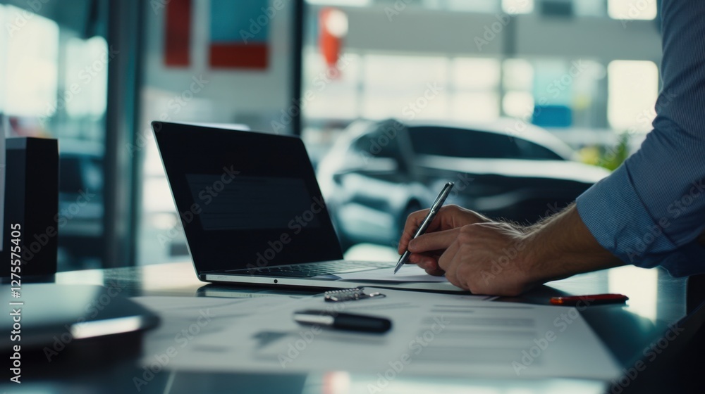 A customer signing a car purchase contract at a dealership desk with a salesperson. Featuring professionalism and trust A customer signing a car purchase contract at a dealership desk with a salesperson. Featuring professionalism and trust
