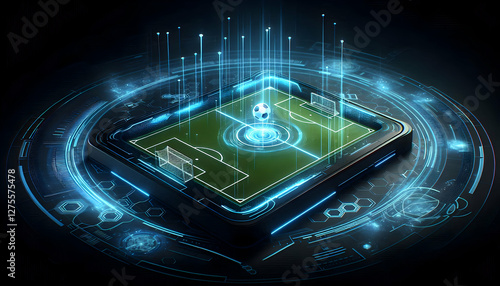 American Football A futuristic holographic-style soccer field, glowing neon blue against a dark background, resembling3