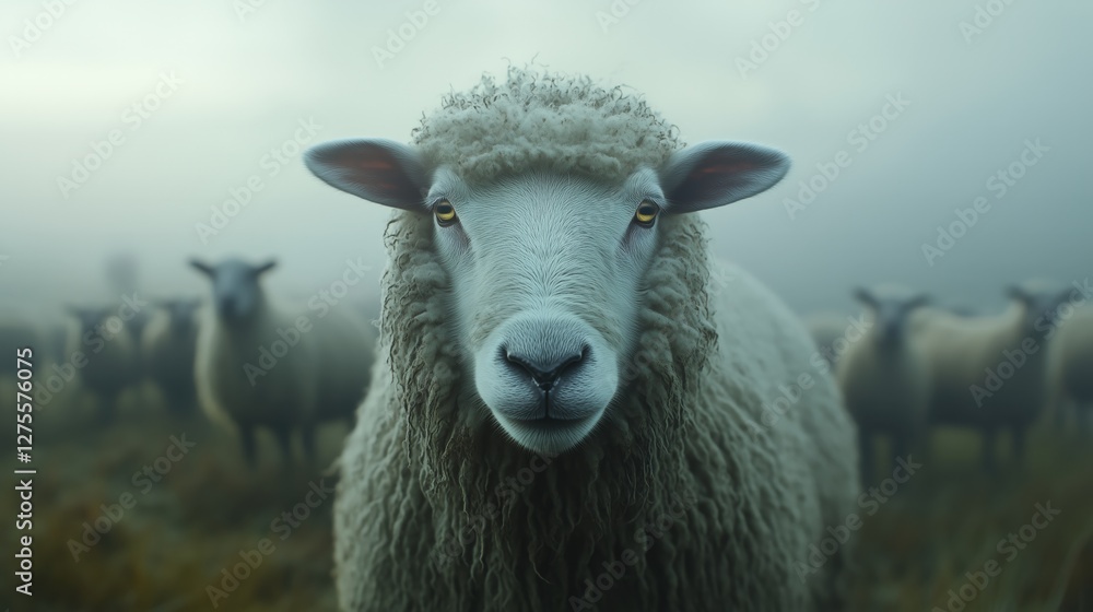 Close-up of a sheep with thick wool staring directly at the camera, surrounded by a herd in a grassy field. Close-up of a sheep with thick wool staring directly at the camera, surrounded by a herd in a grassy field.