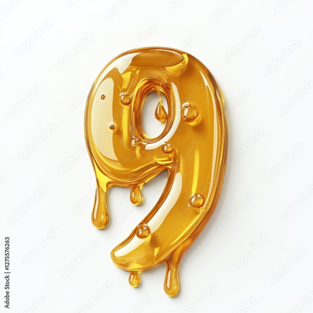 Number 9 made of golden honey with dripping thick drops isolated on a clean white background Number 9 made of golden honey with dripping thick drops isolated on a clean white background