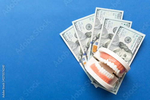 Closeup model of a human jaw with white teeth and dollar bill. Dentistry conceptual photo. Prosthetic dentistry. False teet top view with copy space photo