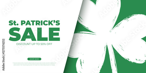 St. Patrick's Sale. Commercial banner with brush stroke lucky clover for Patricks Day holiday shopping promotion and sale advertising. Vector illustration.