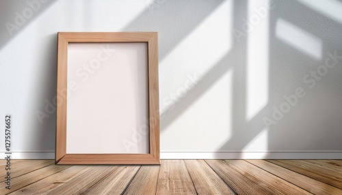 Elegant 3D Rendering of a Leaning Wooden Frame in a Spacious White Interior, Showcasing Warmth and Texture Amidst a Minimalist Setting, Perfect for Digital Art, Home Decor, or Design Inspiration.
