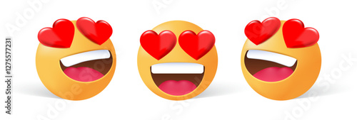 3D Face Smile Love Chat Emoji Set - Happy Mood Eyes Symbol, Beauty Kiss Sticker for Cute Cartoon Social Network Design. Vector.